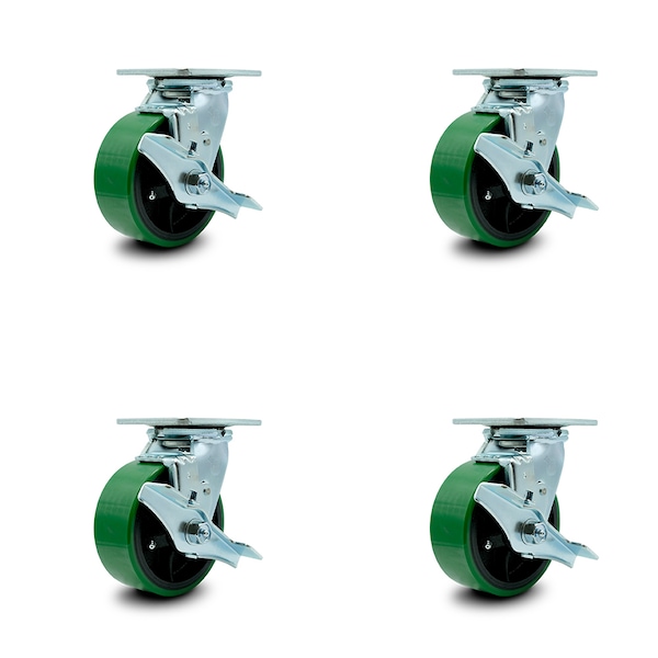5 Inch Green Poly on Steel Caster Set with Ball Bearings and Brake/Swivel Lock